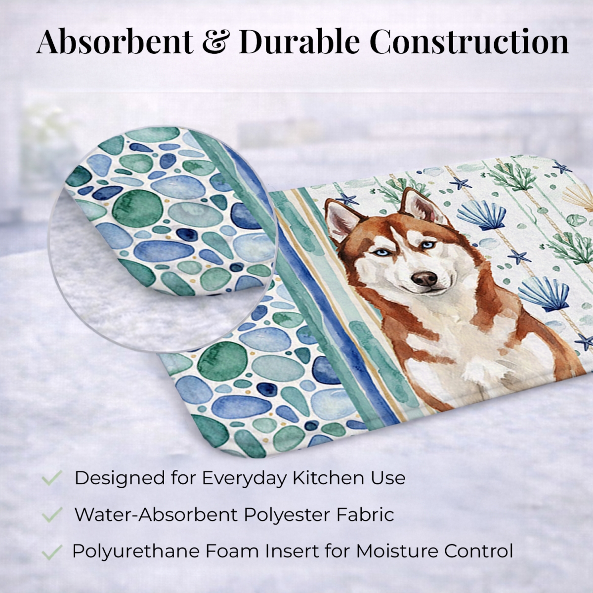 Picture of Carolines Treasures WDK7222DDM 21 x 14 in. Red & White Siberian Husky Coastal Sea Glass Dish Drying Mat
