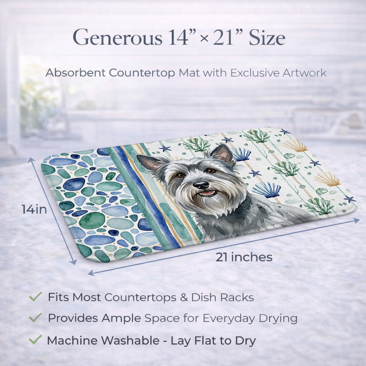 Picture of Carolines Treasures WDK7224DDM 21 x 14 in. Gray Skye Terrier Coastal Sea Glass Dish Drying Mat