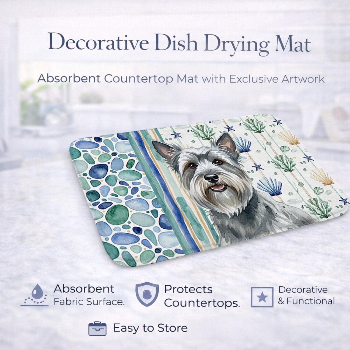 Picture of Carolines Treasures WDK7224DDM 21 x 14 in. Gray Skye Terrier Coastal Sea Glass Dish Drying Mat