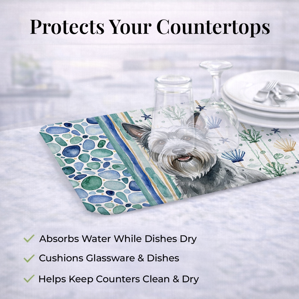 Picture of Carolines Treasures WDK7224DDM 21 x 14 in. Gray Skye Terrier Coastal Sea Glass Dish Drying Mat