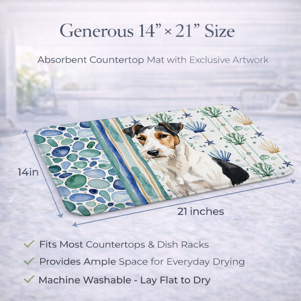 Picture of Carolines Treasures WDK7225DDM 21 x 14 in. Smooth Fox Terrier Coastal Sea Glass Dish Drying Mat