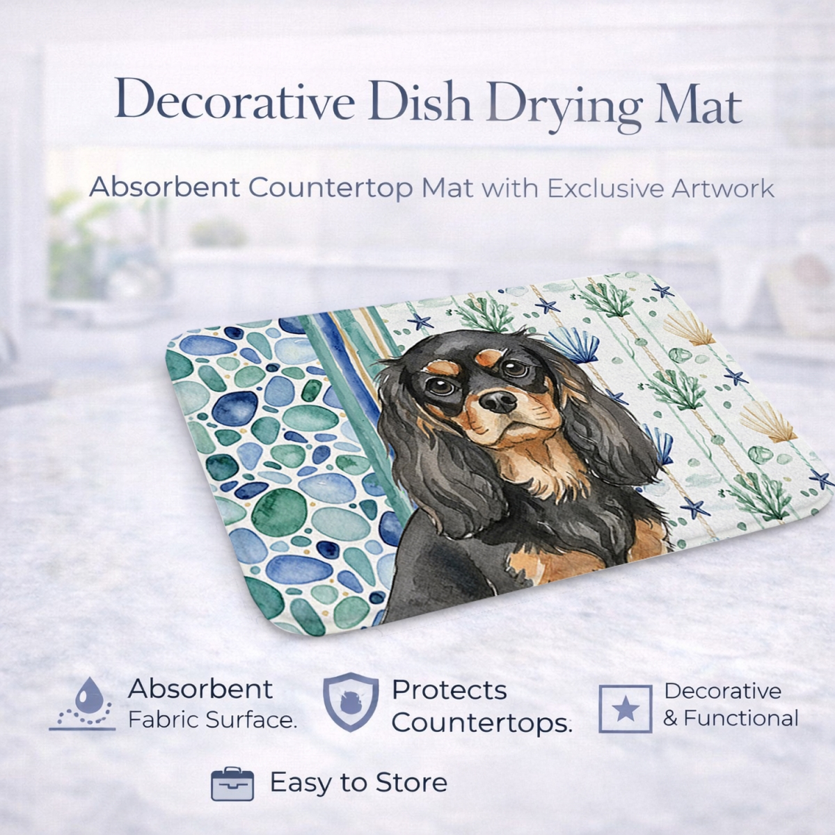 Picture of Carolines Treasures WDK6962DDM 21 x 14 in. Black & Tan Cavalier Spaniel Coastal Sea Glass Dish Drying Mat