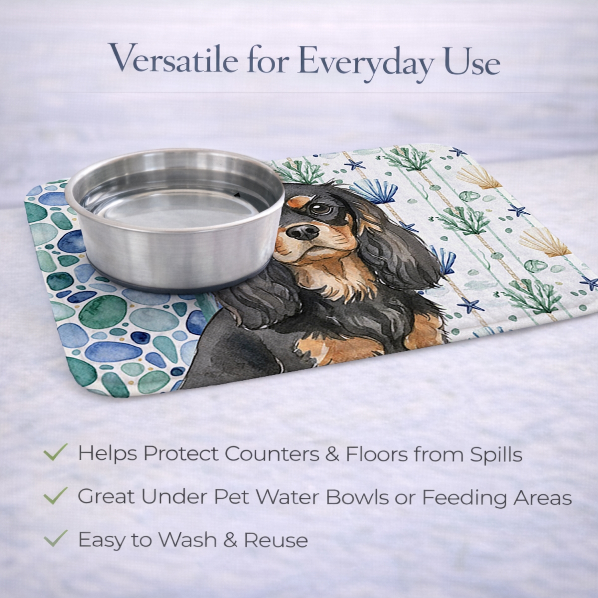 Picture of Carolines Treasures WDK6962DDM 21 x 14 in. Black & Tan Cavalier Spaniel Coastal Sea Glass Dish Drying Mat