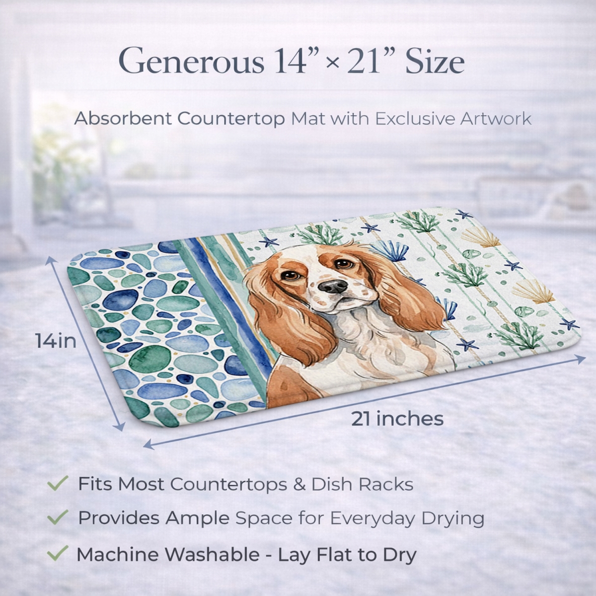 Picture of Carolines Treasures WDK6963DDM 21 x 14 in. Blenheim Cavalier Spaniel Coastal Sea Glass Dish Drying Mat