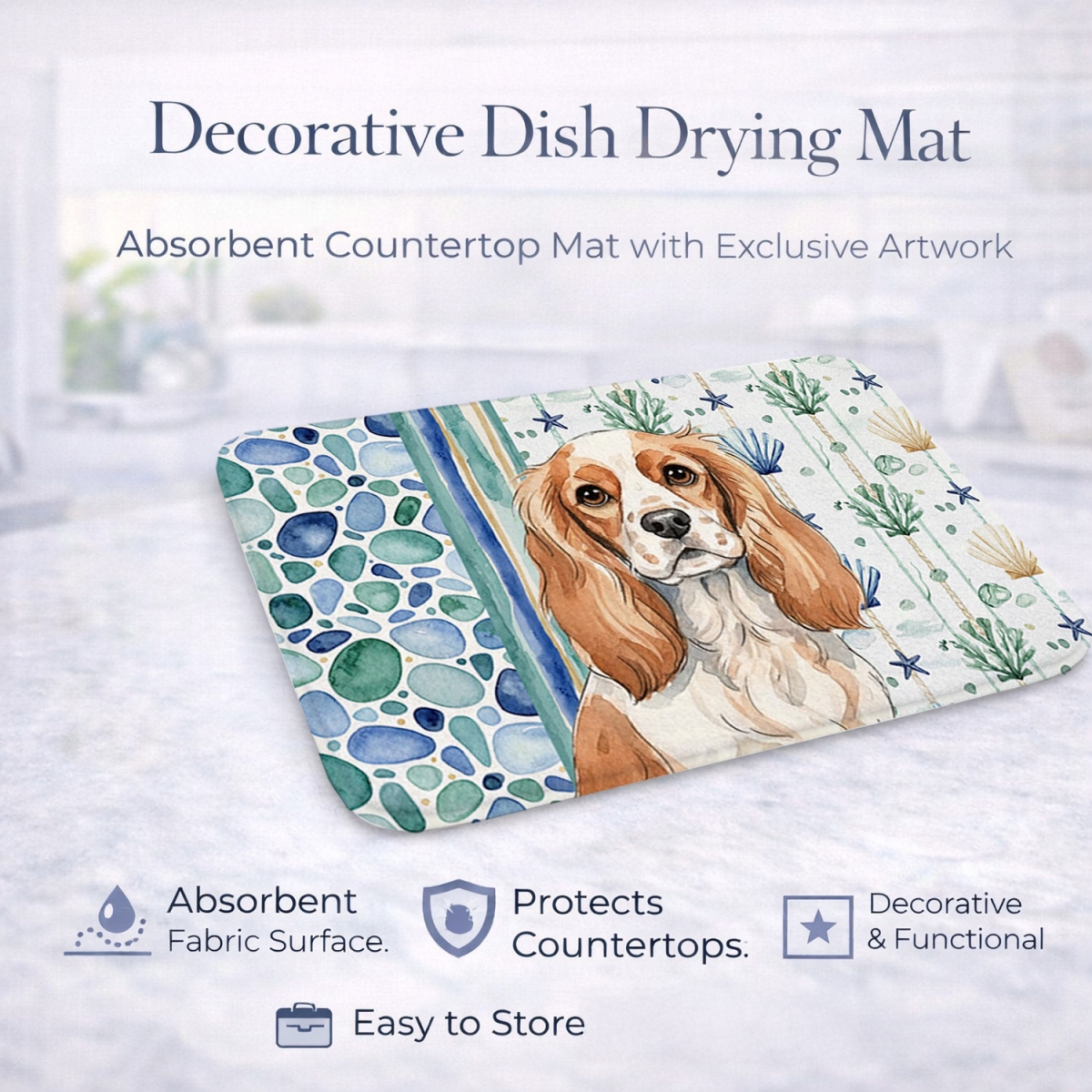 Picture of Carolines Treasures WDK6963DDM 21 x 14 in. Blenheim Cavalier Spaniel Coastal Sea Glass Dish Drying Mat