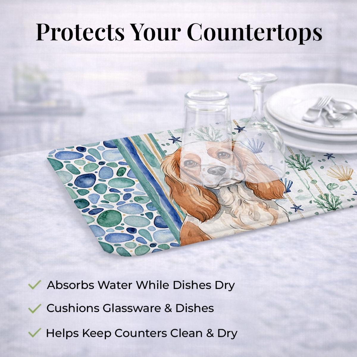 Picture of Carolines Treasures WDK6963DDM 21 x 14 in. Blenheim Cavalier Spaniel Coastal Sea Glass Dish Drying Mat
