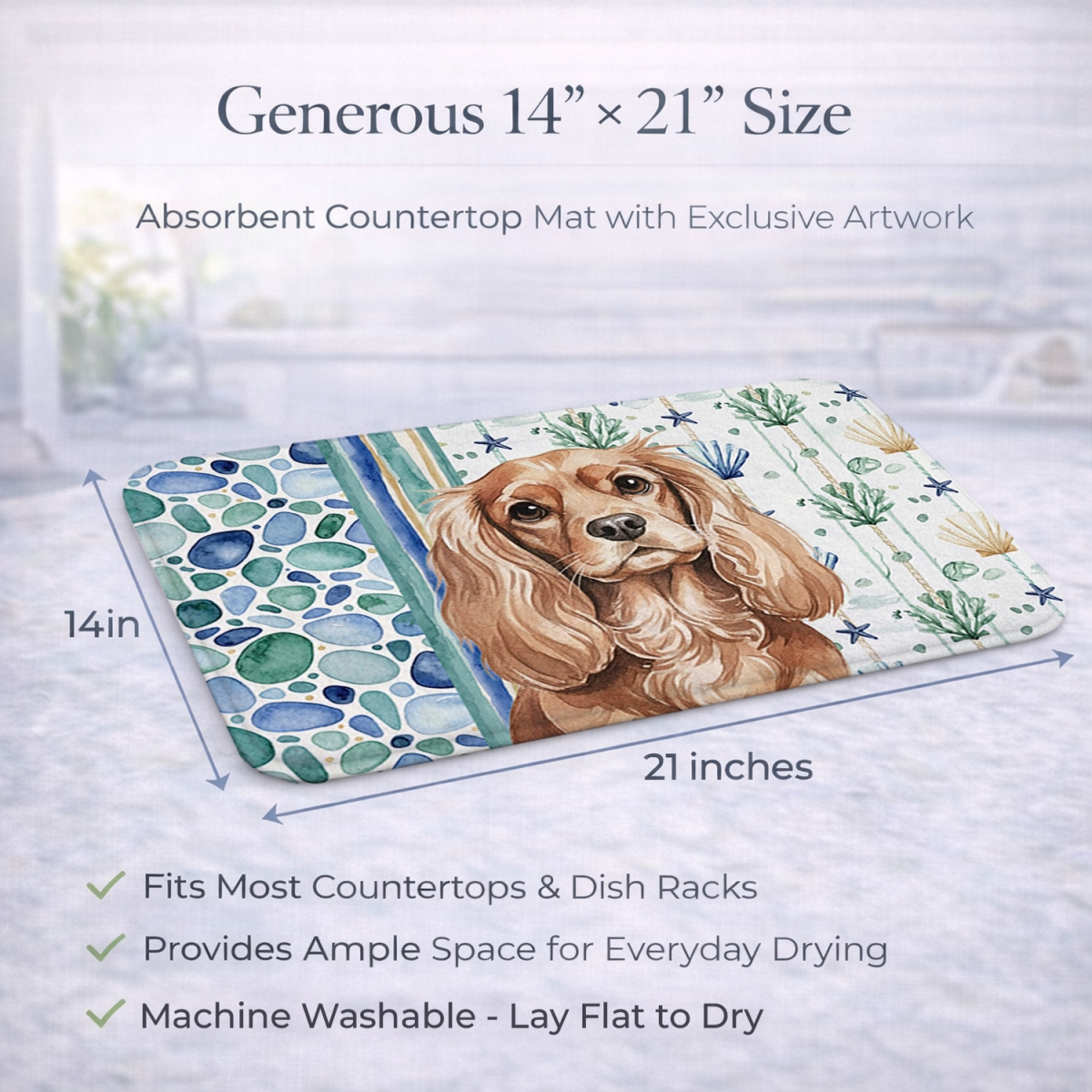 Picture of Carolines Treasures WDK6964DDM 21 x 14 in. Ruby Cavalier Spaniel Coastal Sea Glass Dish Drying Mat