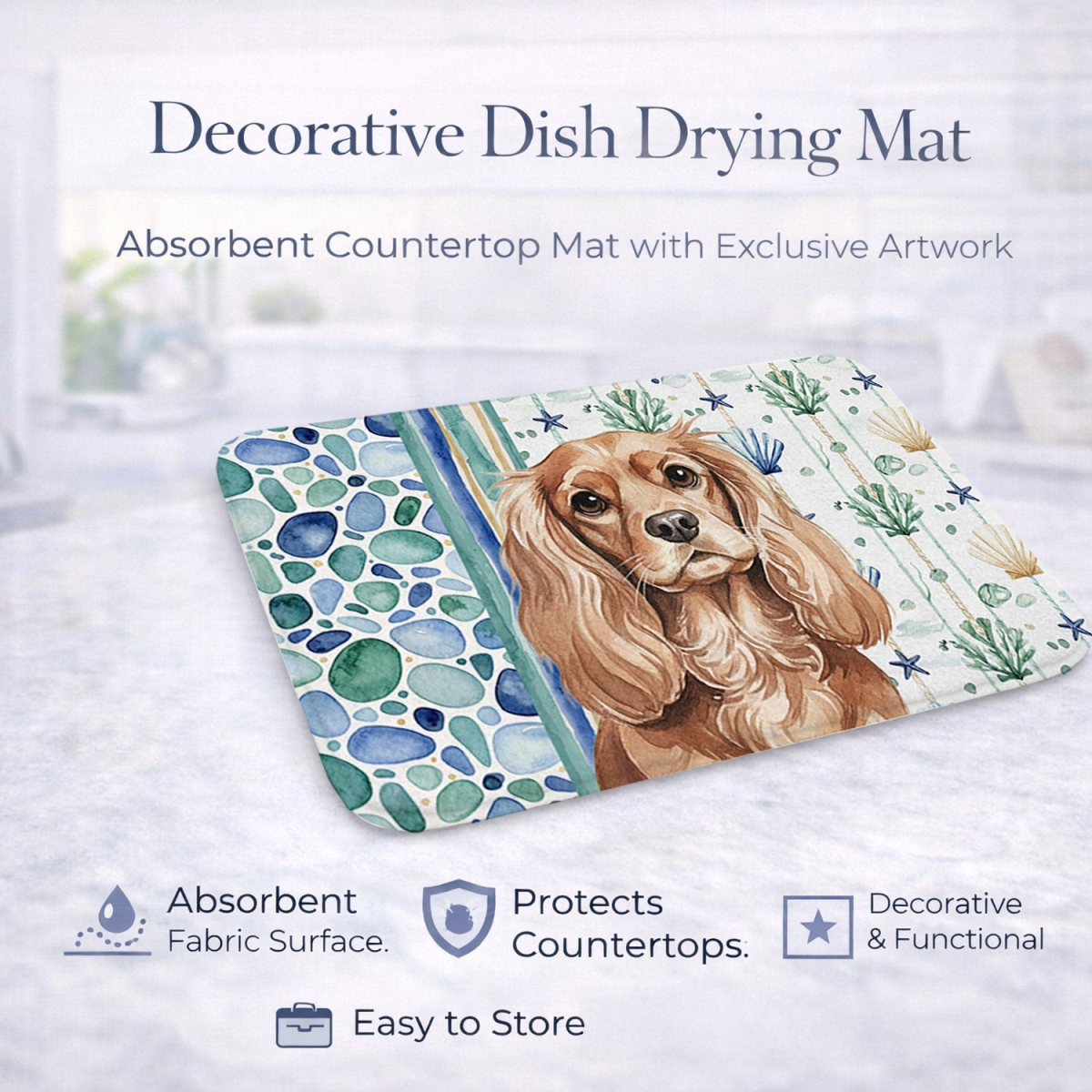 Picture of Carolines Treasures WDK6964DDM 21 x 14 in. Ruby Cavalier Spaniel Coastal Sea Glass Dish Drying Mat