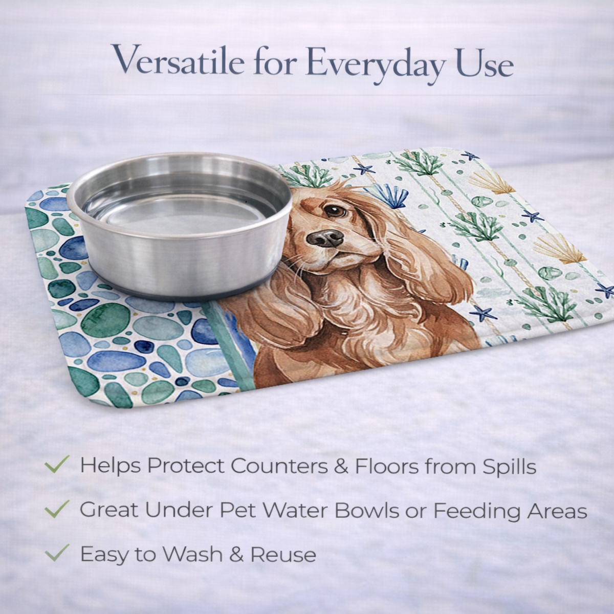 Picture of Carolines Treasures WDK6964DDM 21 x 14 in. Ruby Cavalier Spaniel Coastal Sea Glass Dish Drying Mat