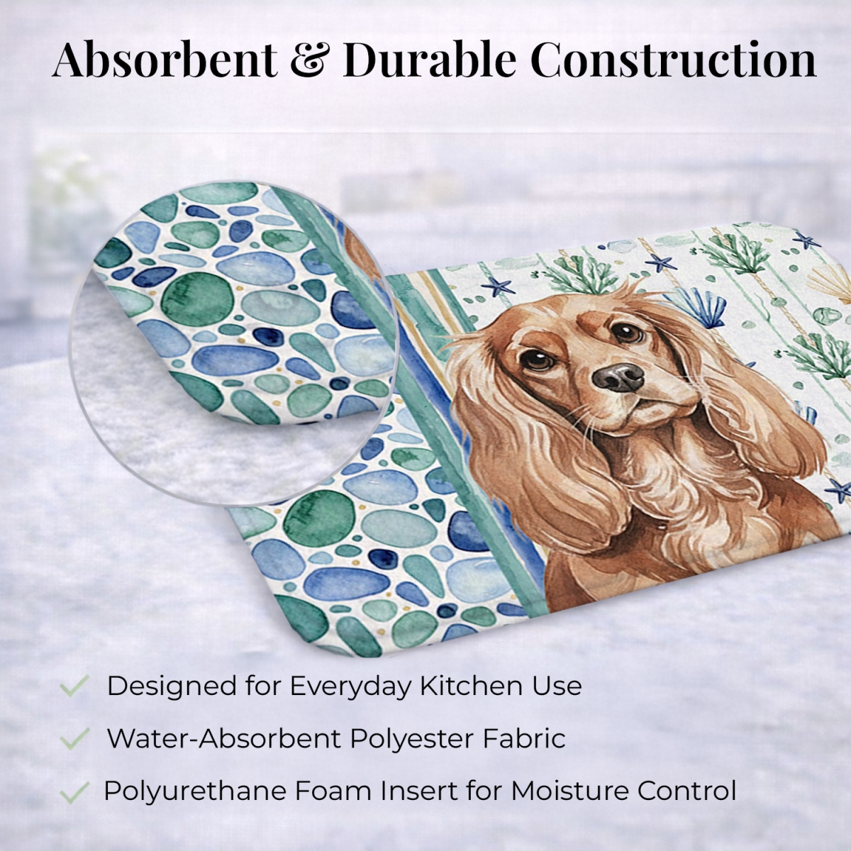 Picture of Carolines Treasures WDK6964DDM 21 x 14 in. Ruby Cavalier Spaniel Coastal Sea Glass Dish Drying Mat