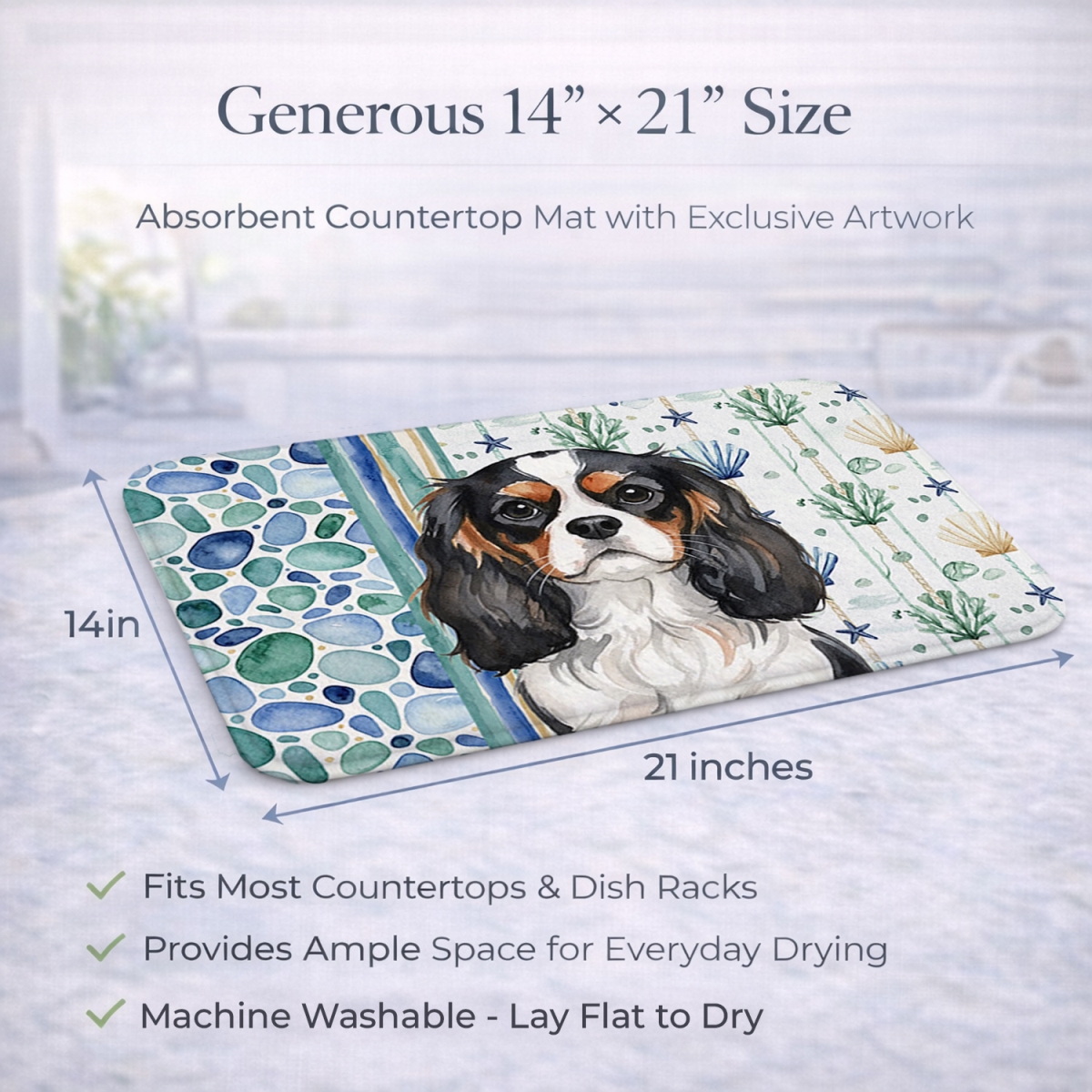 Picture of Carolines Treasures WDK6965DDM 21 x 14 in. Tricolor Cavalier Spaniel Coastal Sea Glass Dish Drying Mat