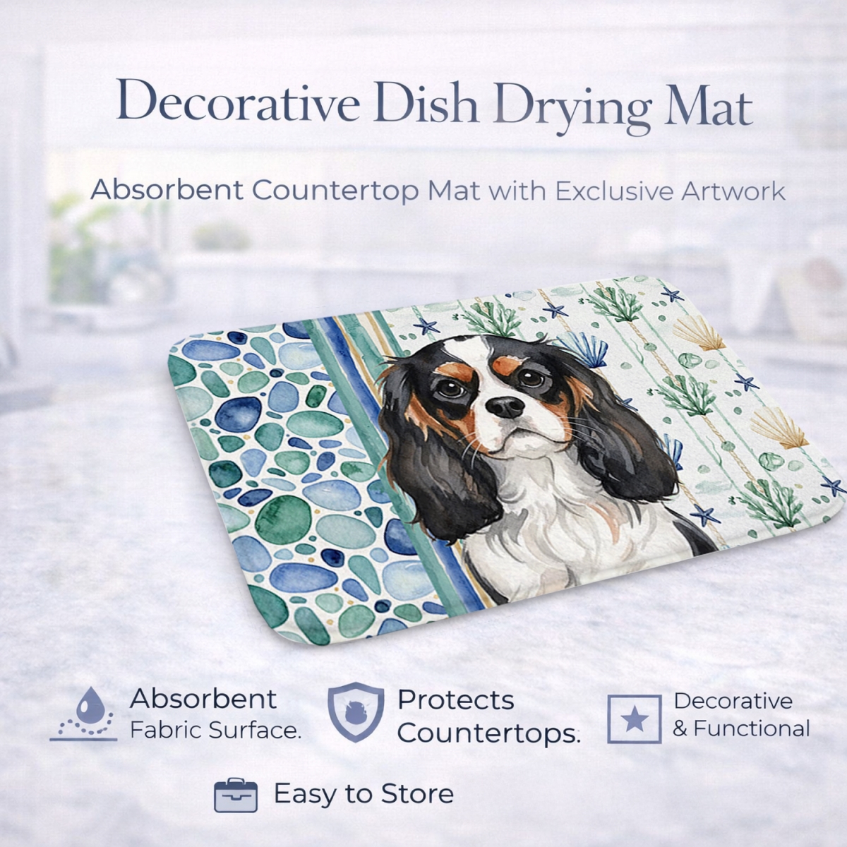 Picture of Carolines Treasures WDK6965DDM 21 x 14 in. Tricolor Cavalier Spaniel Coastal Sea Glass Dish Drying Mat