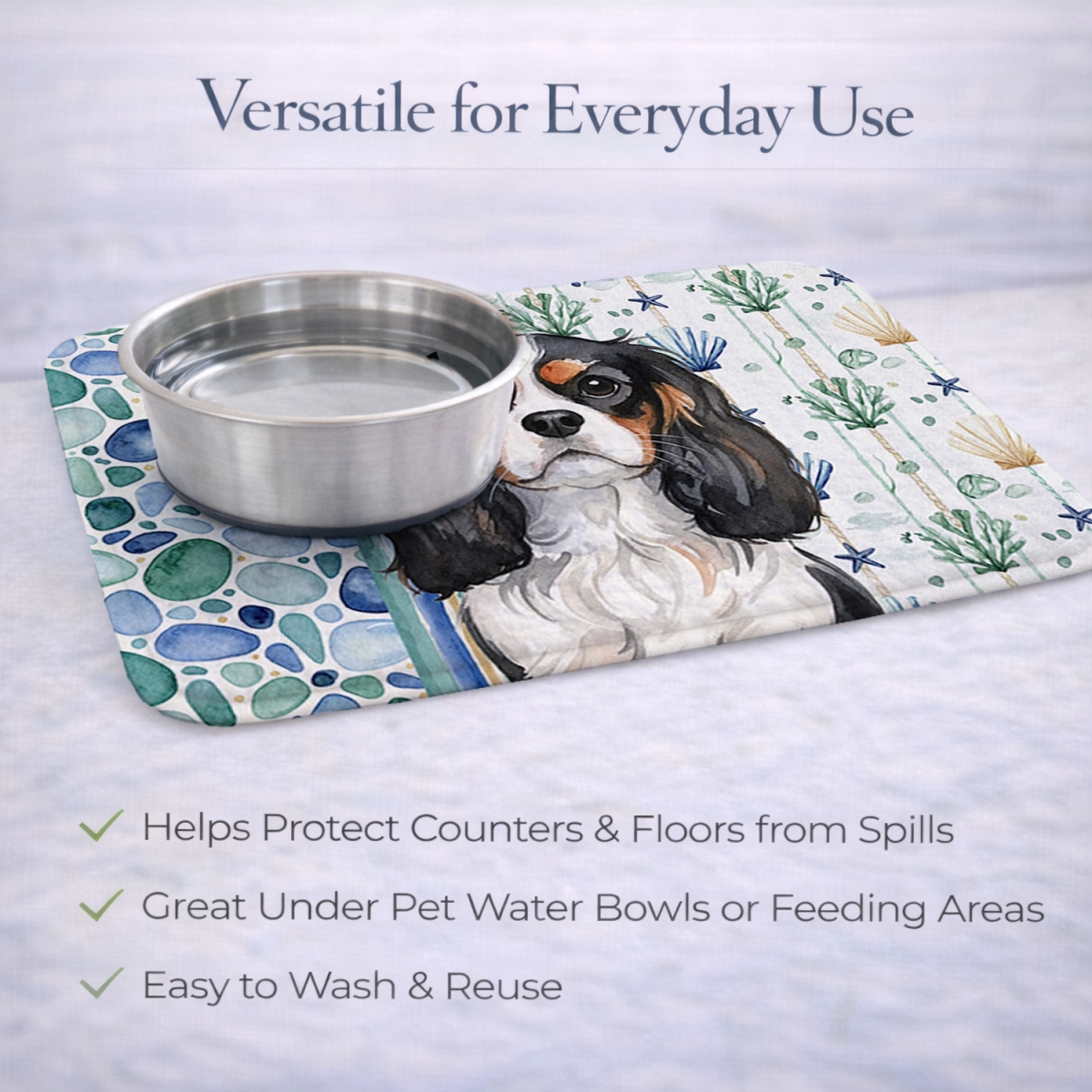 Picture of Carolines Treasures WDK6965DDM 21 x 14 in. Tricolor Cavalier Spaniel Coastal Sea Glass Dish Drying Mat