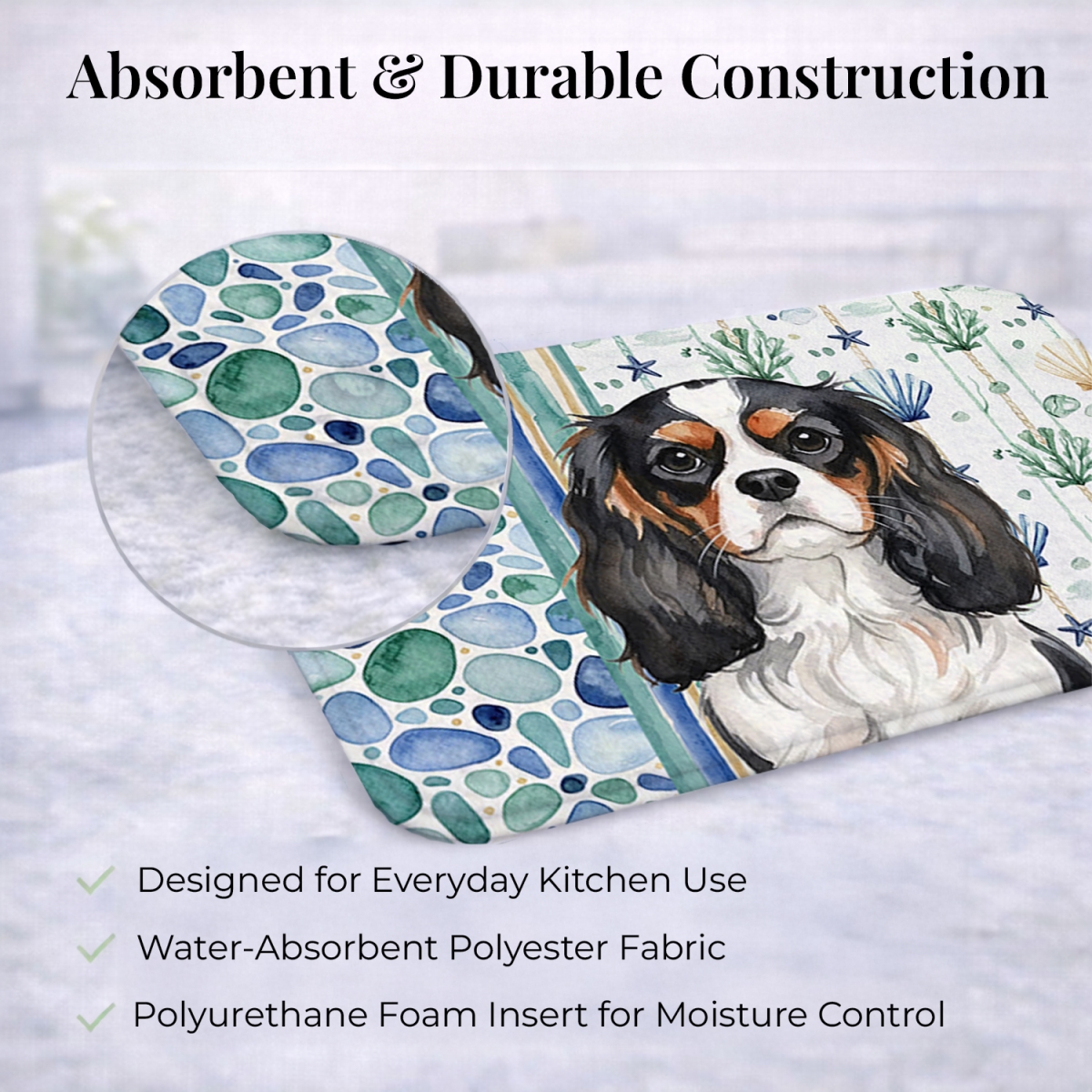 Picture of Carolines Treasures WDK6965DDM 21 x 14 in. Tricolor Cavalier Spaniel Coastal Sea Glass Dish Drying Mat