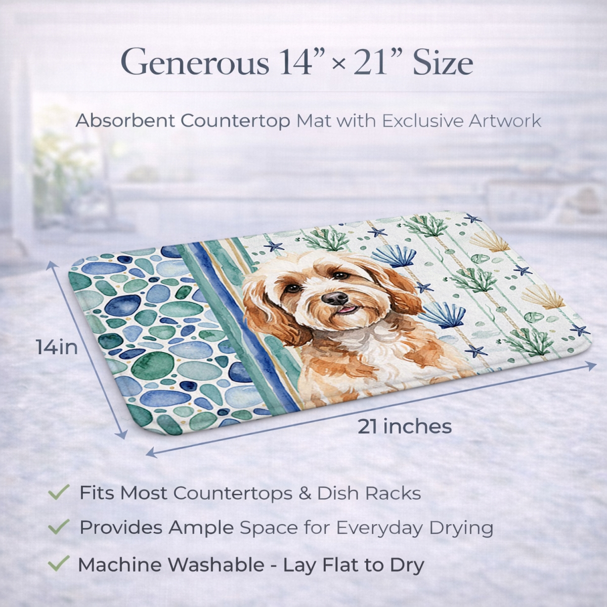 Picture of Carolines Treasures WDK6966DDM 21 x 14 in. Cavapoo Coastal Sea Glass Dish Drying Mat