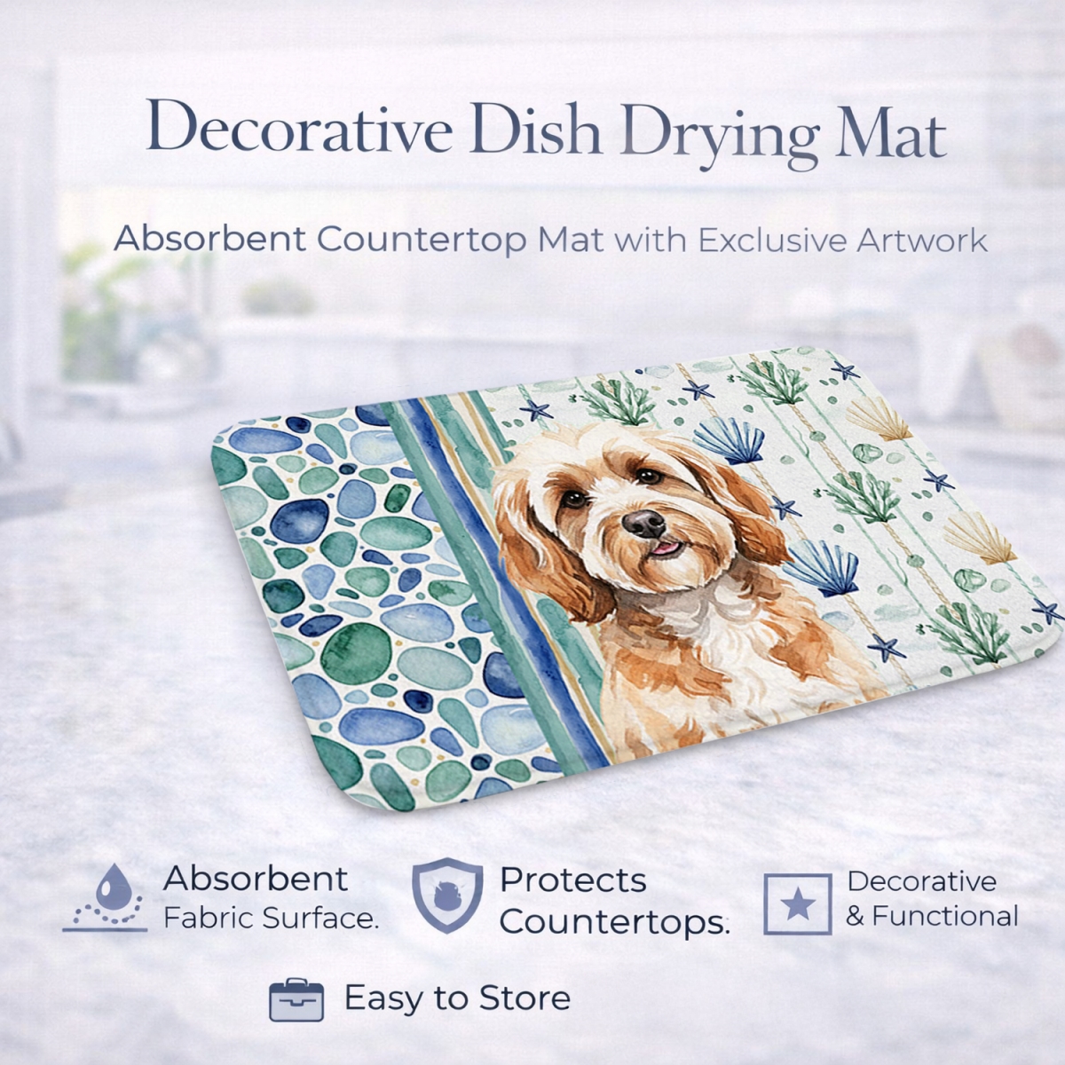 Picture of Carolines Treasures WDK6966DDM 21 x 14 in. Cavapoo Coastal Sea Glass Dish Drying Mat