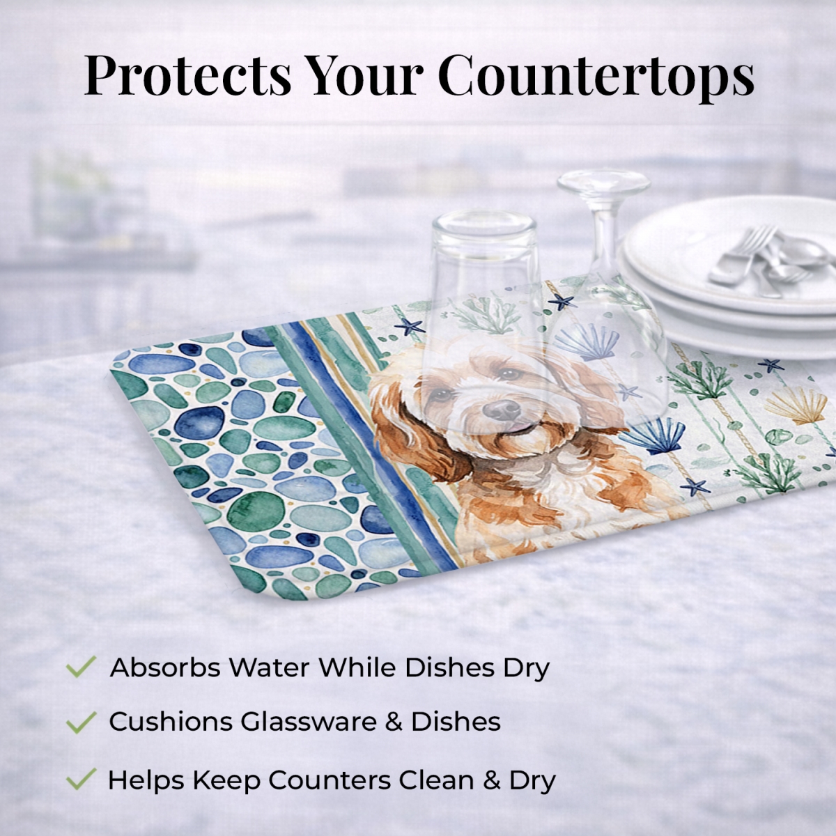 Picture of Carolines Treasures WDK6966DDM 21 x 14 in. Cavapoo Coastal Sea Glass Dish Drying Mat