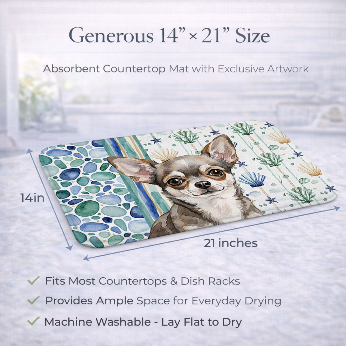Picture of Carolines Treasures WDK6968DDM 21 x 14 in. Chihuahua Coastal Sea Glass Dish Drying Mat