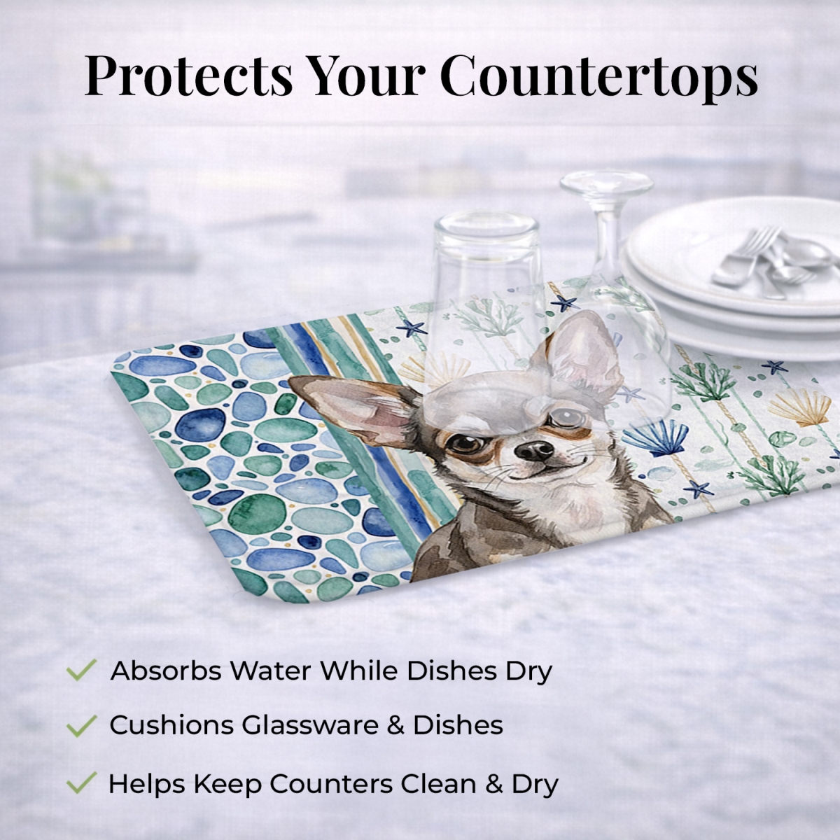 Picture of Carolines Treasures WDK6968DDM 21 x 14 in. Chihuahua Coastal Sea Glass Dish Drying Mat
