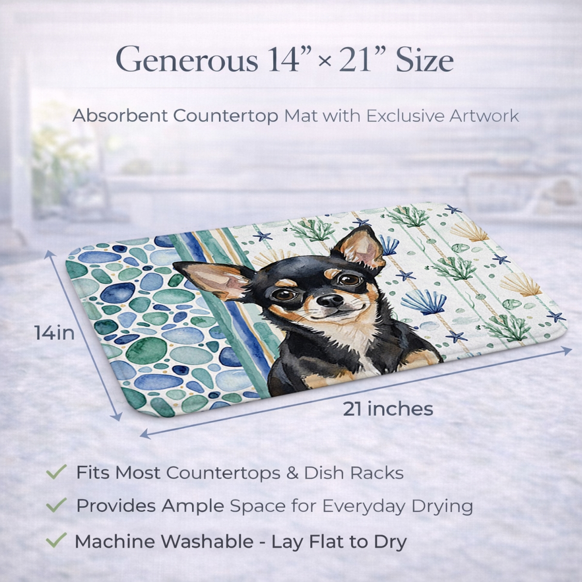 Picture of Carolines Treasures WDK6969DDM 21 x 14 in. Black & Tan Chihuahua Coastal Sea Glass Dish Drying Mat