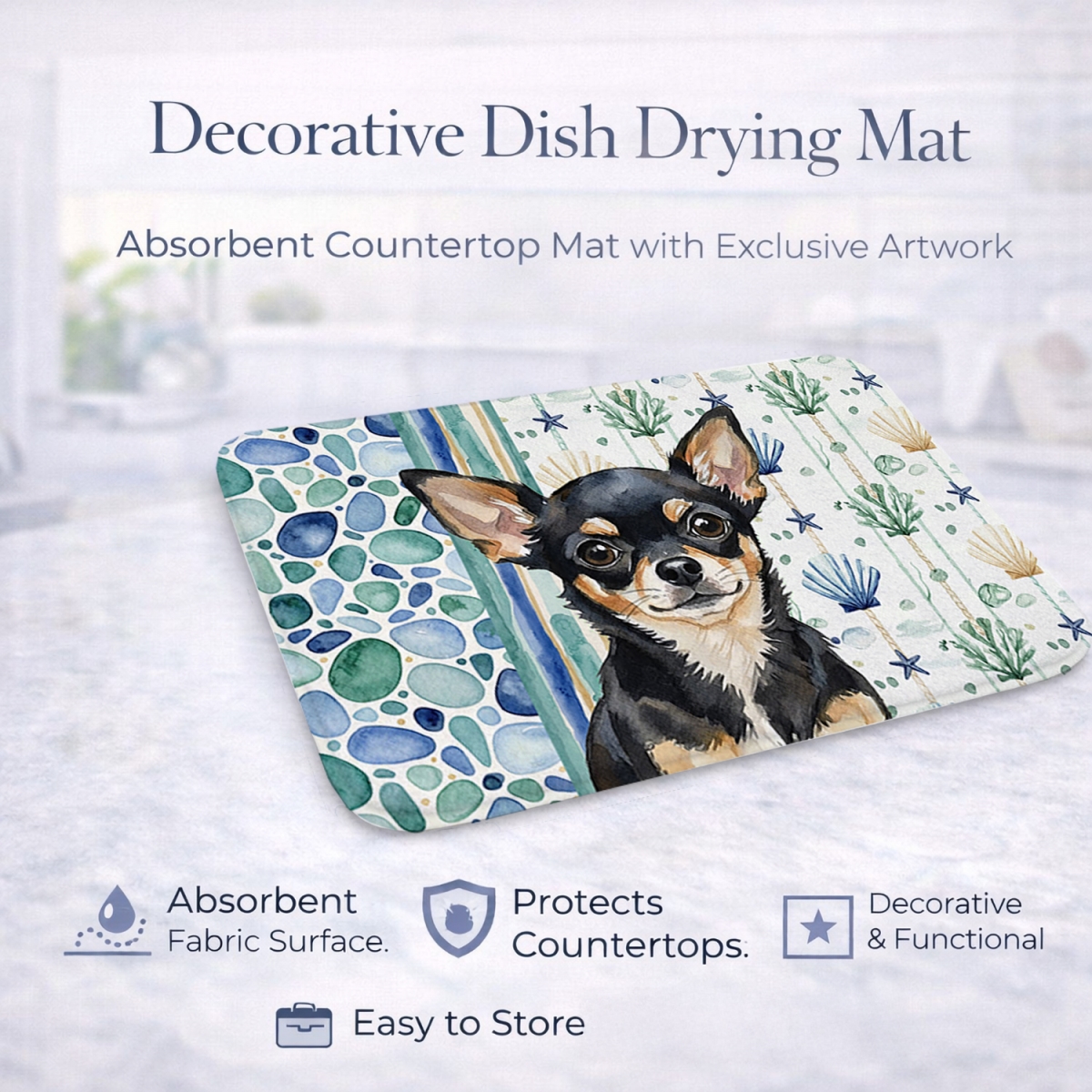 Picture of Carolines Treasures WDK6969DDM 21 x 14 in. Black & Tan Chihuahua Coastal Sea Glass Dish Drying Mat