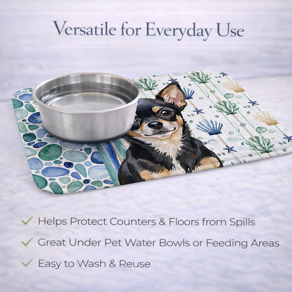 Picture of Carolines Treasures WDK6969DDM 21 x 14 in. Black & Tan Chihuahua Coastal Sea Glass Dish Drying Mat