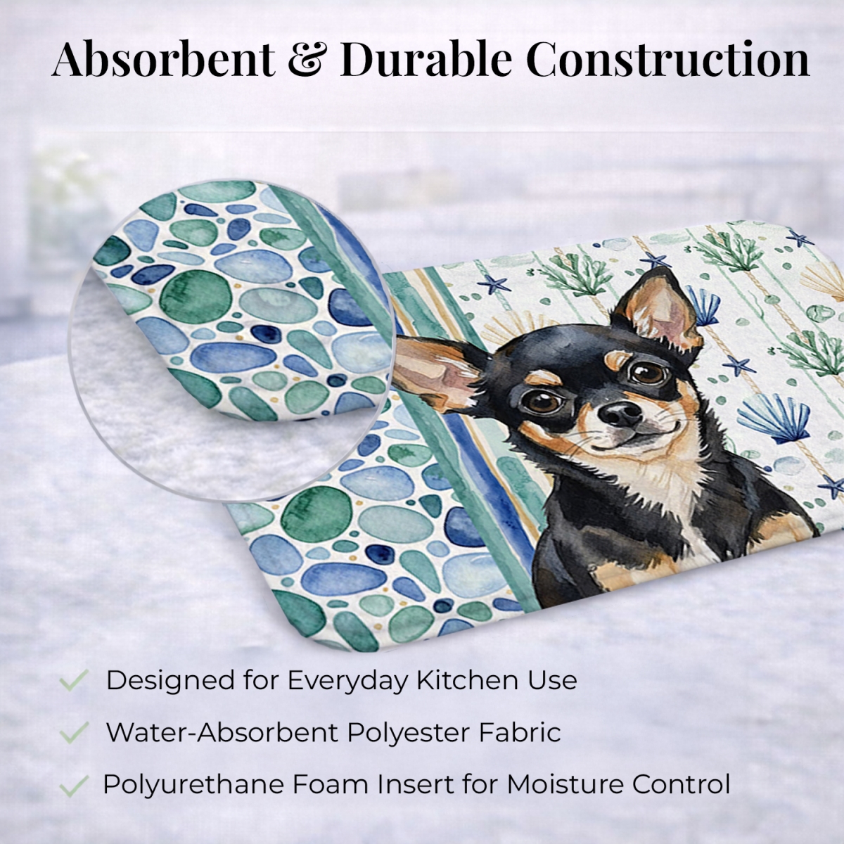 Picture of Carolines Treasures WDK6969DDM 21 x 14 in. Black & Tan Chihuahua Coastal Sea Glass Dish Drying Mat