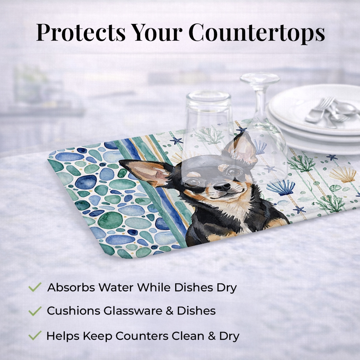 Picture of Carolines Treasures WDK6969DDM 21 x 14 in. Black & Tan Chihuahua Coastal Sea Glass Dish Drying Mat
