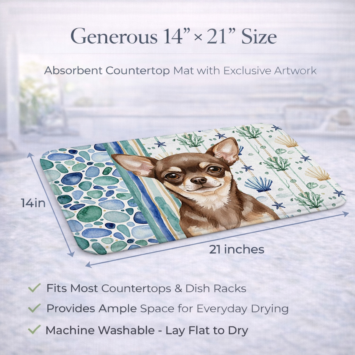 Picture of Carolines Treasures WDK6970DDM 21 x 14 in. Chocolate Chihuahua Coastal Sea Glass Dish Drying Mat
