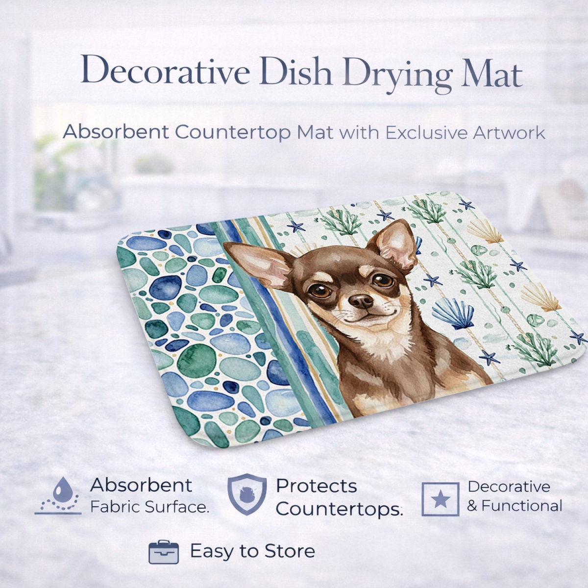 Picture of Carolines Treasures WDK6970DDM 21 x 14 in. Chocolate Chihuahua Coastal Sea Glass Dish Drying Mat