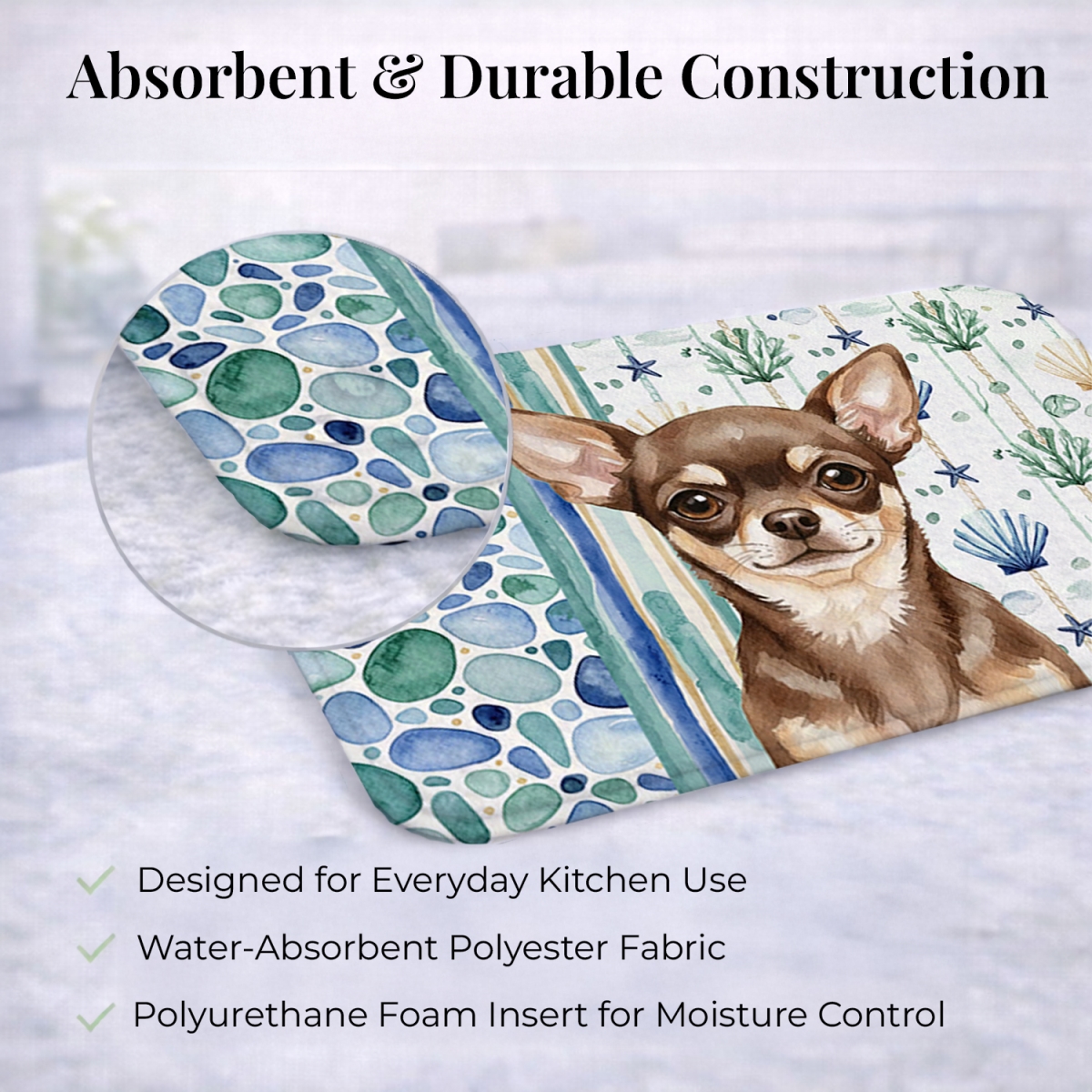 Picture of Carolines Treasures WDK6970DDM 21 x 14 in. Chocolate Chihuahua Coastal Sea Glass Dish Drying Mat