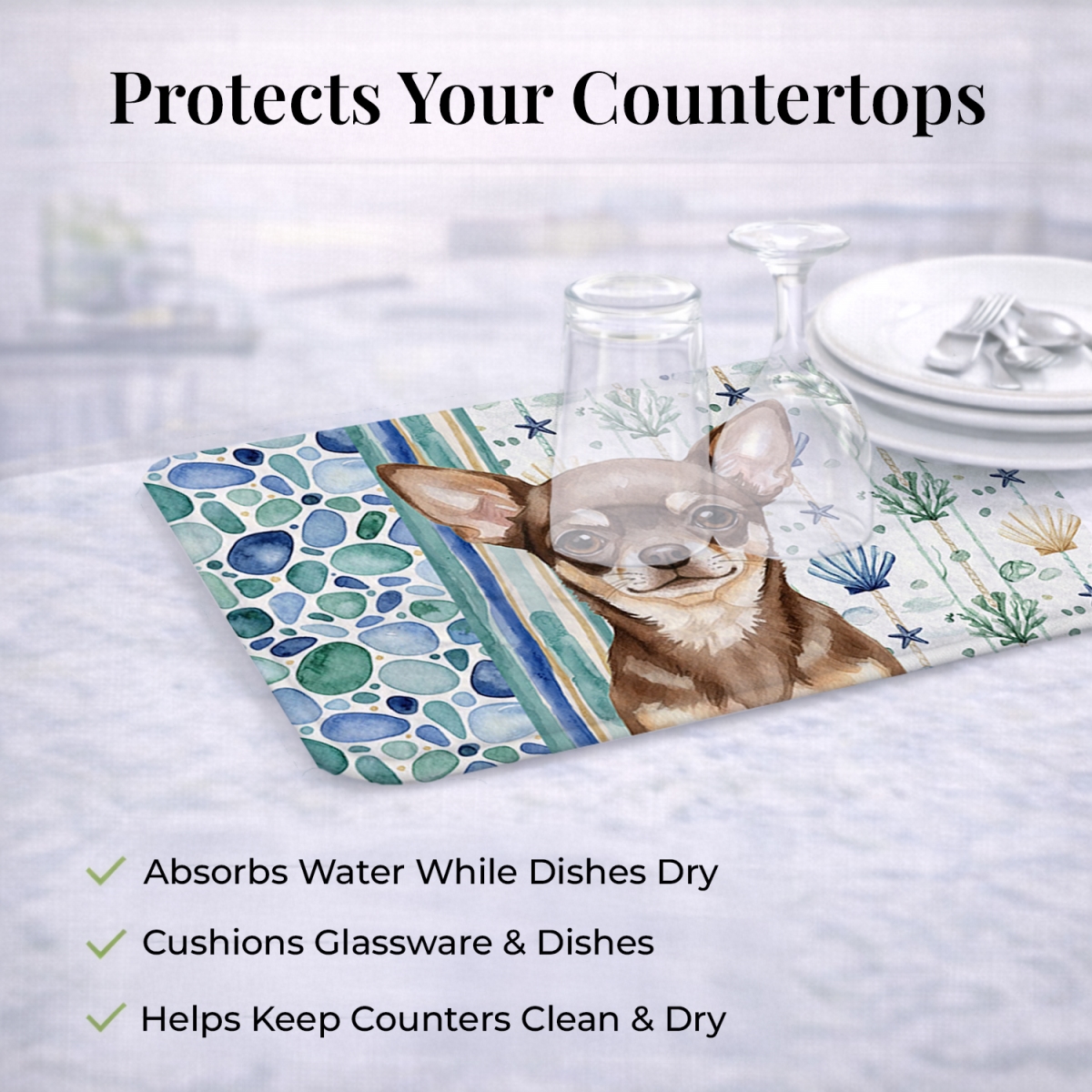 Picture of Carolines Treasures WDK6970DDM 21 x 14 in. Chocolate Chihuahua Coastal Sea Glass Dish Drying Mat
