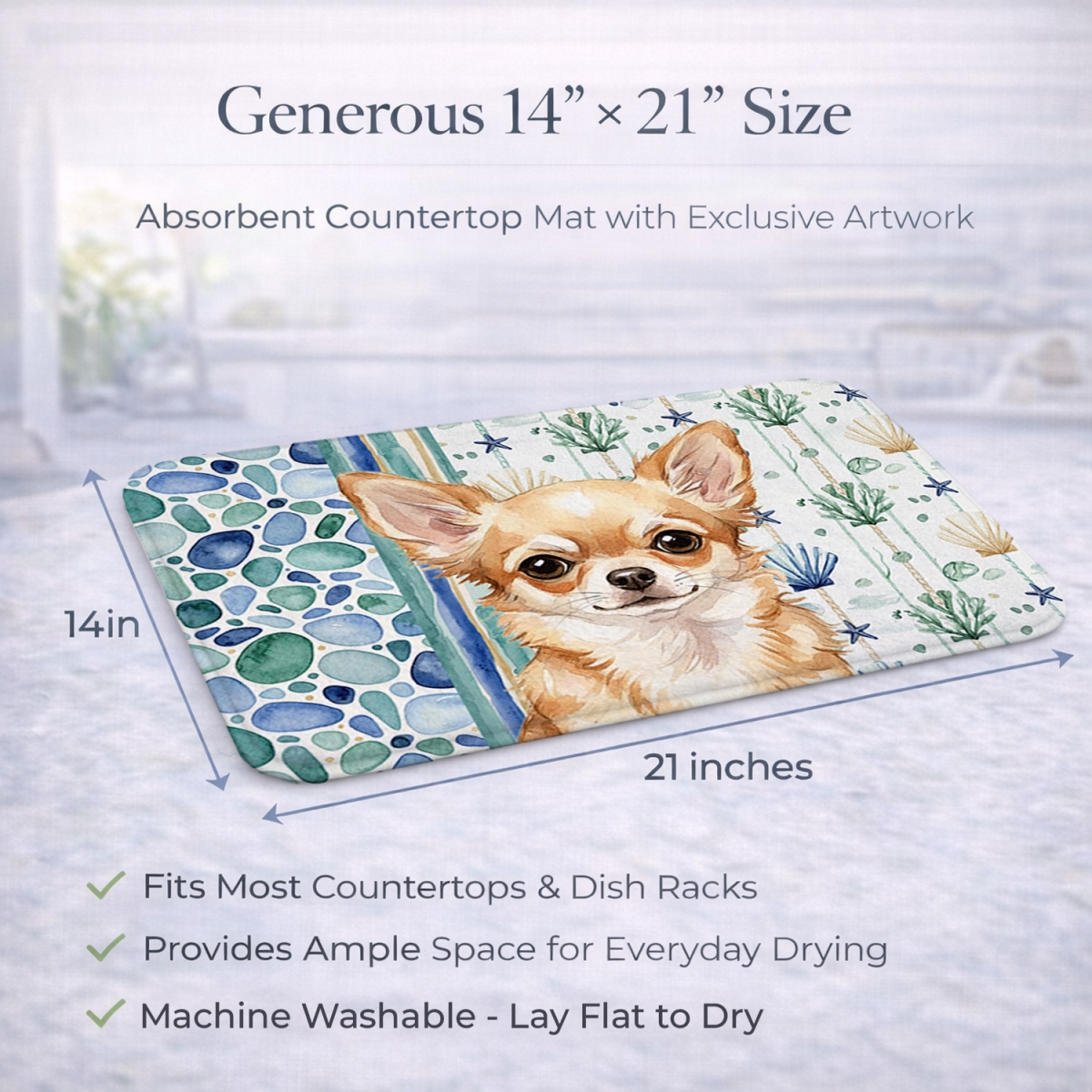 Picture of Carolines Treasures WDK6971DDM 21 x 14 in. Fawn Chihuahua Coastal Sea Glass Dish Drying Mat