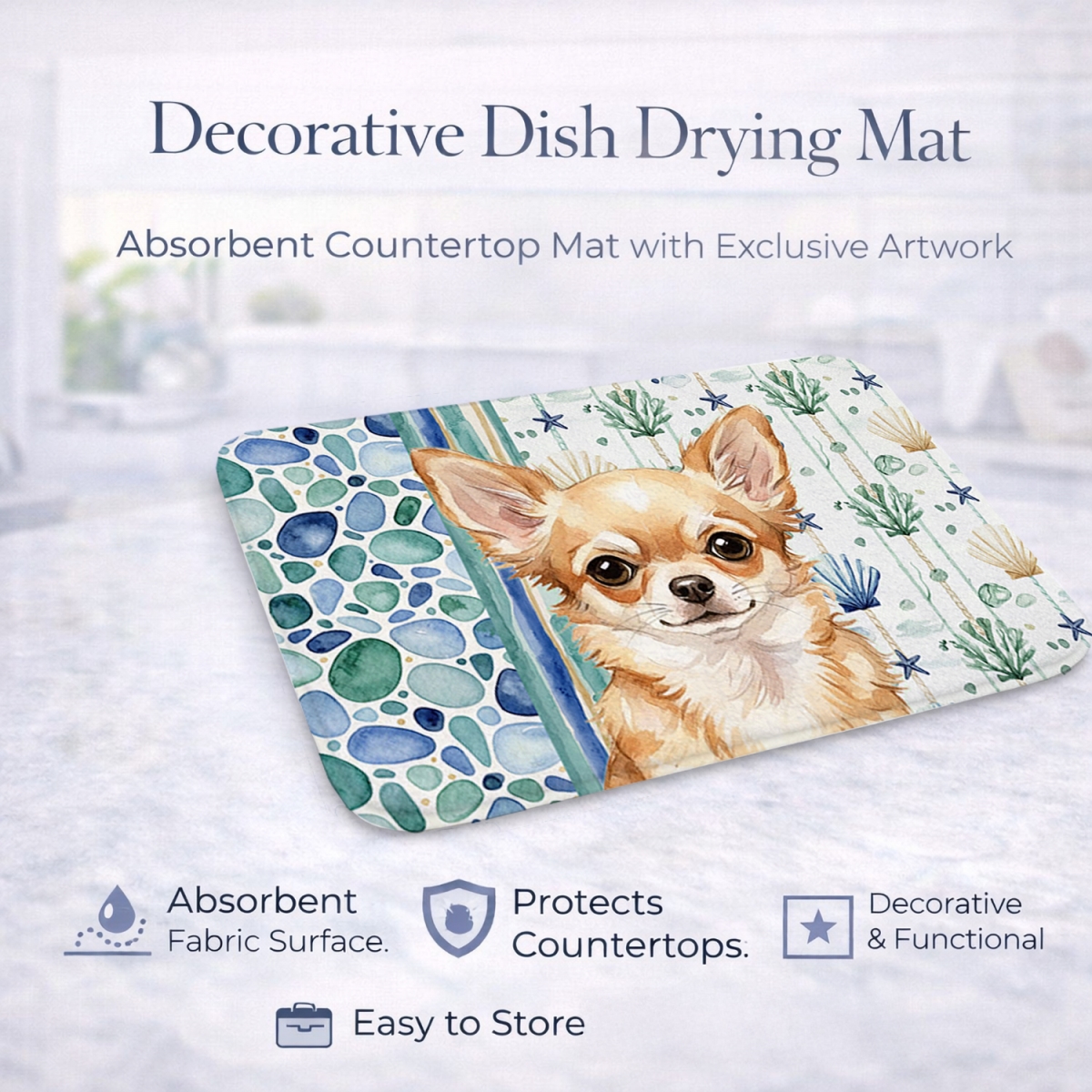 Picture of Carolines Treasures WDK6971DDM 21 x 14 in. Fawn Chihuahua Coastal Sea Glass Dish Drying Mat