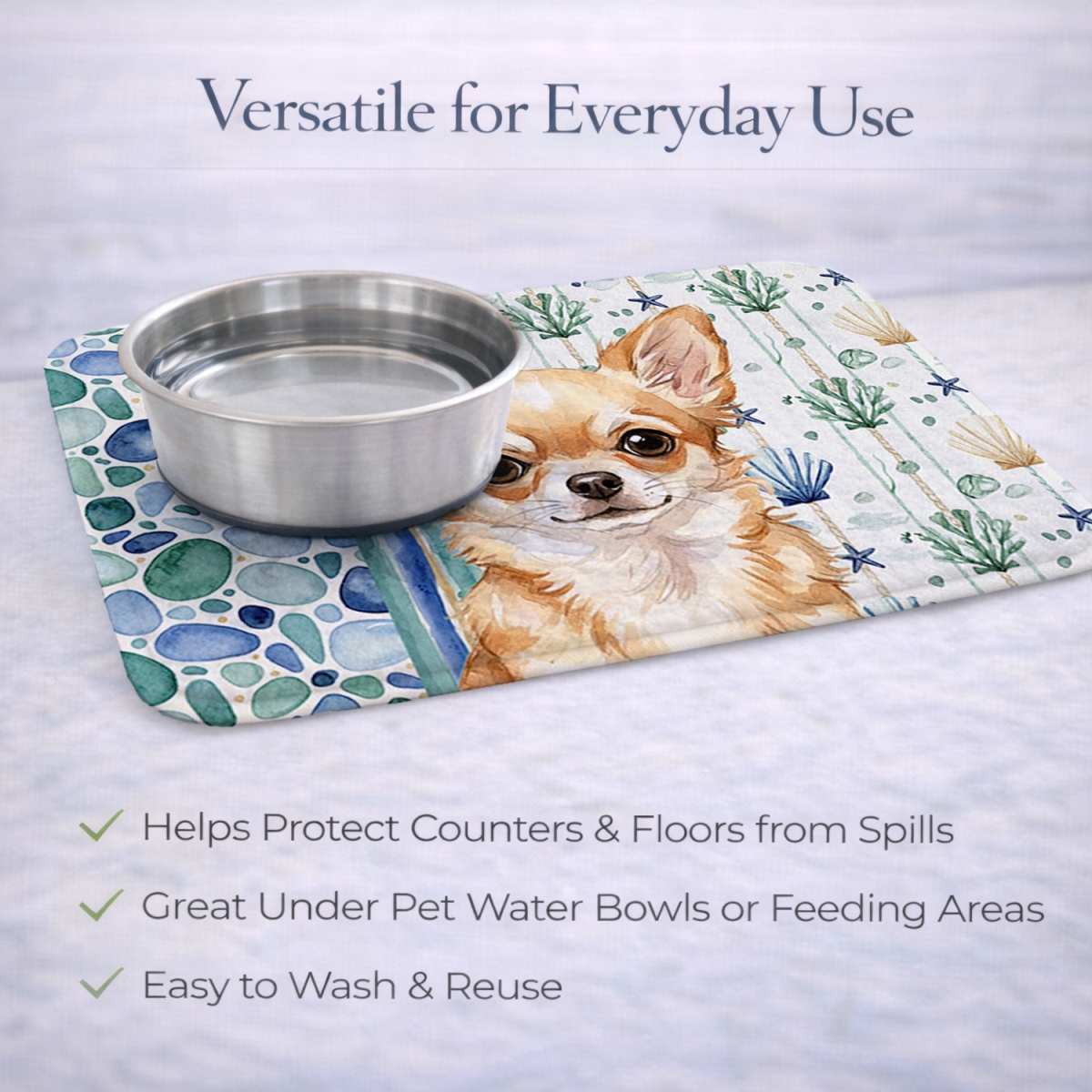 Picture of Carolines Treasures WDK6971DDM 21 x 14 in. Fawn Chihuahua Coastal Sea Glass Dish Drying Mat