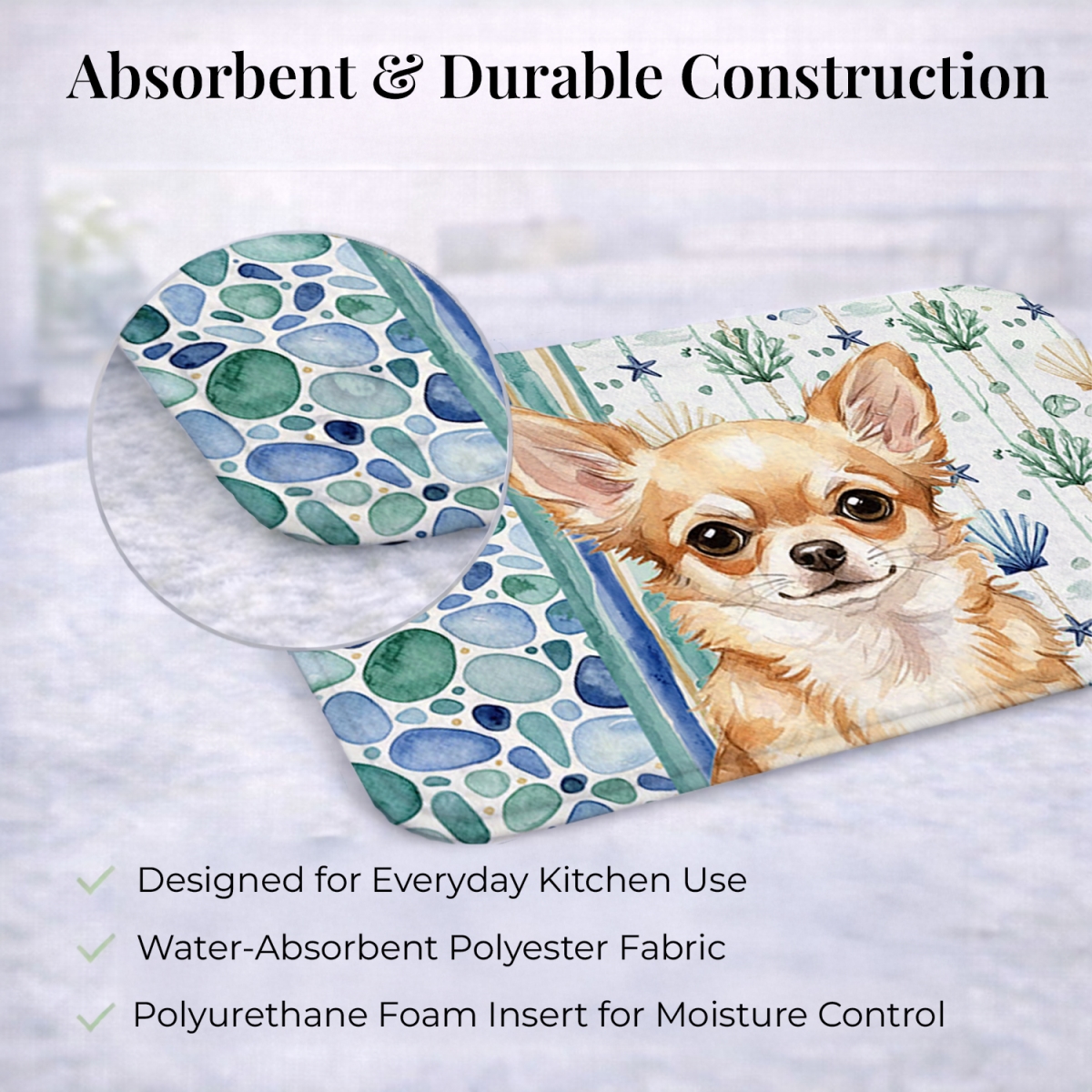 Picture of Carolines Treasures WDK6971DDM 21 x 14 in. Fawn Chihuahua Coastal Sea Glass Dish Drying Mat