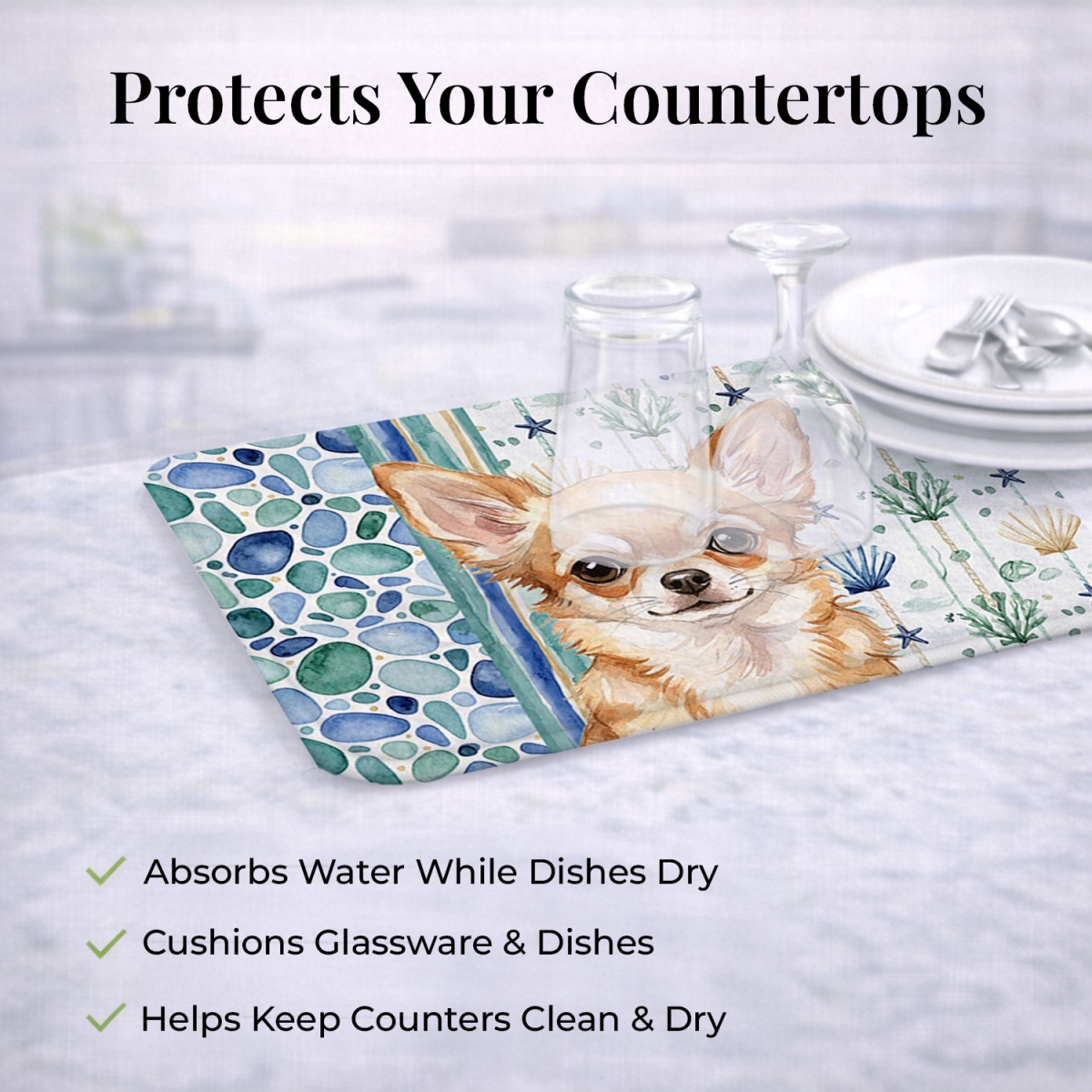 Picture of Carolines Treasures WDK6971DDM 21 x 14 in. Fawn Chihuahua Coastal Sea Glass Dish Drying Mat