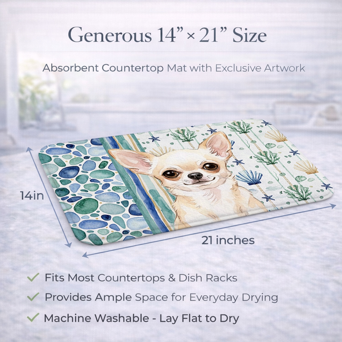 Picture of Carolines Treasures WDK6972DDM 21 x 14 in. Cream Chihuahua Coastal Sea Glass Dish Drying Mat