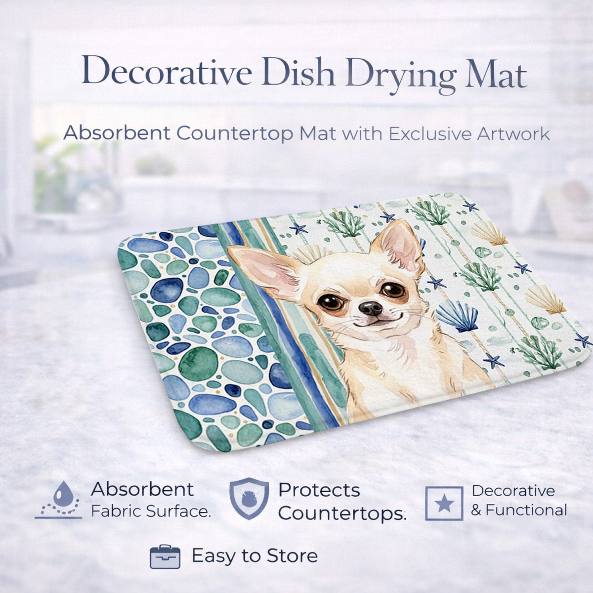 Picture of Carolines Treasures WDK6972DDM 21 x 14 in. Cream Chihuahua Coastal Sea Glass Dish Drying Mat