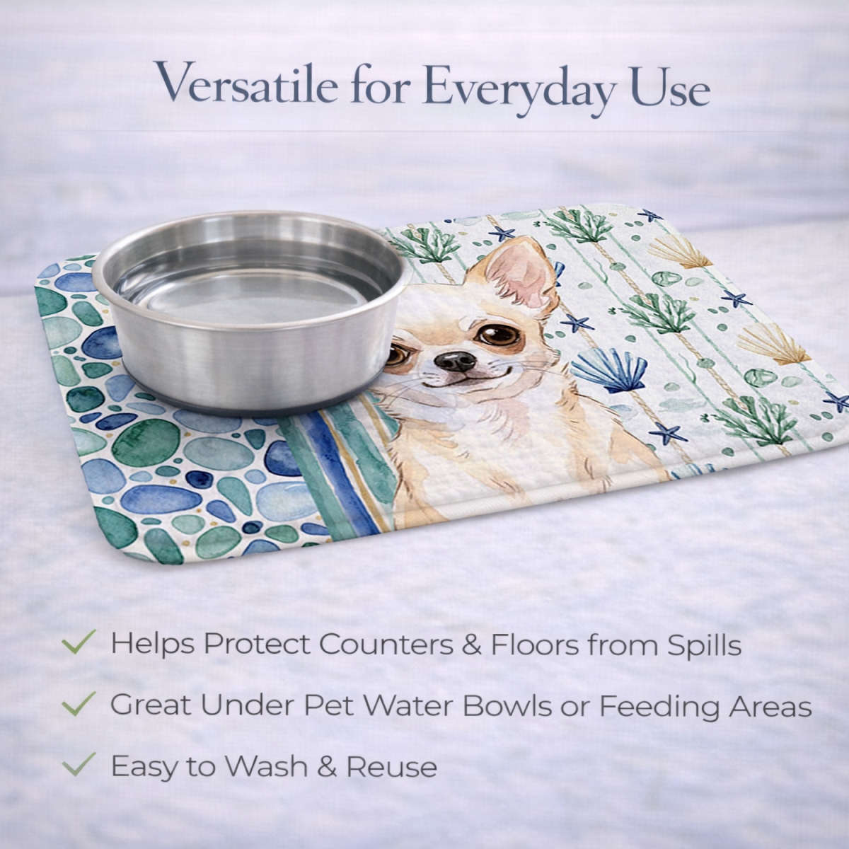 Picture of Carolines Treasures WDK6972DDM 21 x 14 in. Cream Chihuahua Coastal Sea Glass Dish Drying Mat