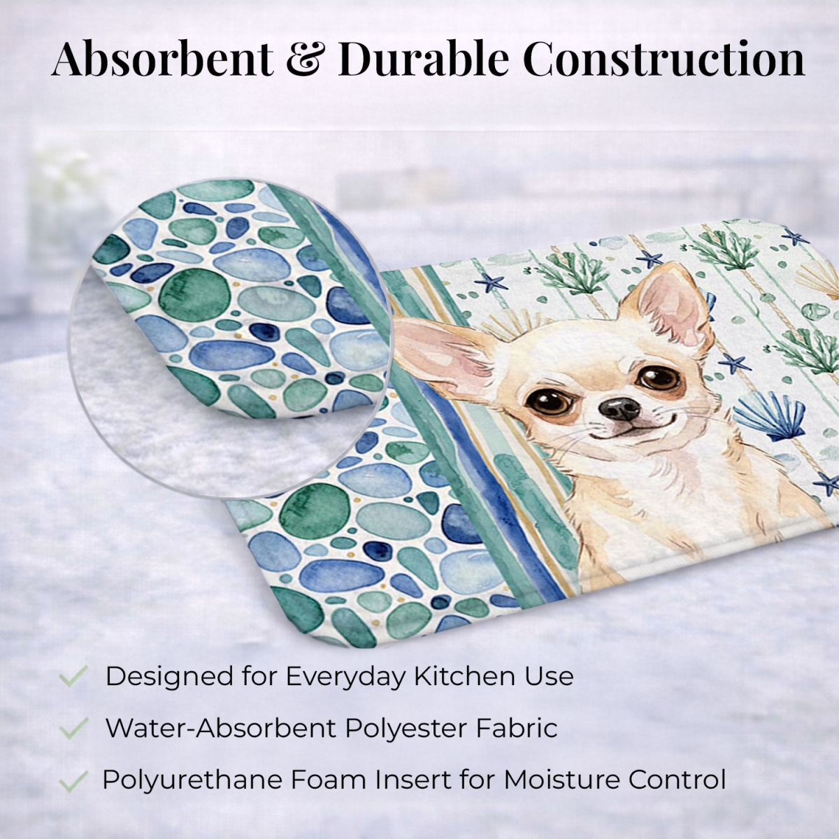 Picture of Carolines Treasures WDK6972DDM 21 x 14 in. Cream Chihuahua Coastal Sea Glass Dish Drying Mat