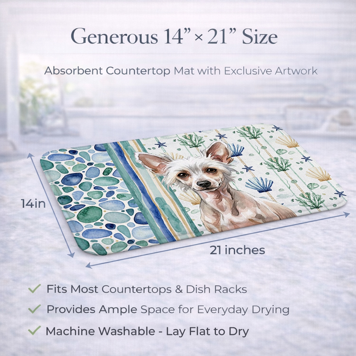 Picture of Carolines Treasures WDK6973DDM 21 x 14 in. Hairless Chinese Crested Coastal Sea Glass Dish Drying Mat