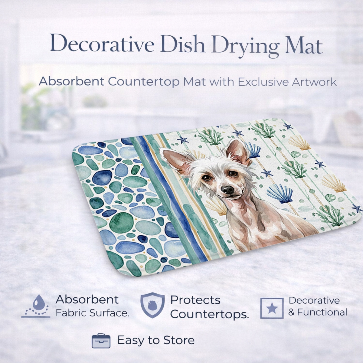 Picture of Carolines Treasures WDK6973DDM 21 x 14 in. Hairless Chinese Crested Coastal Sea Glass Dish Drying Mat