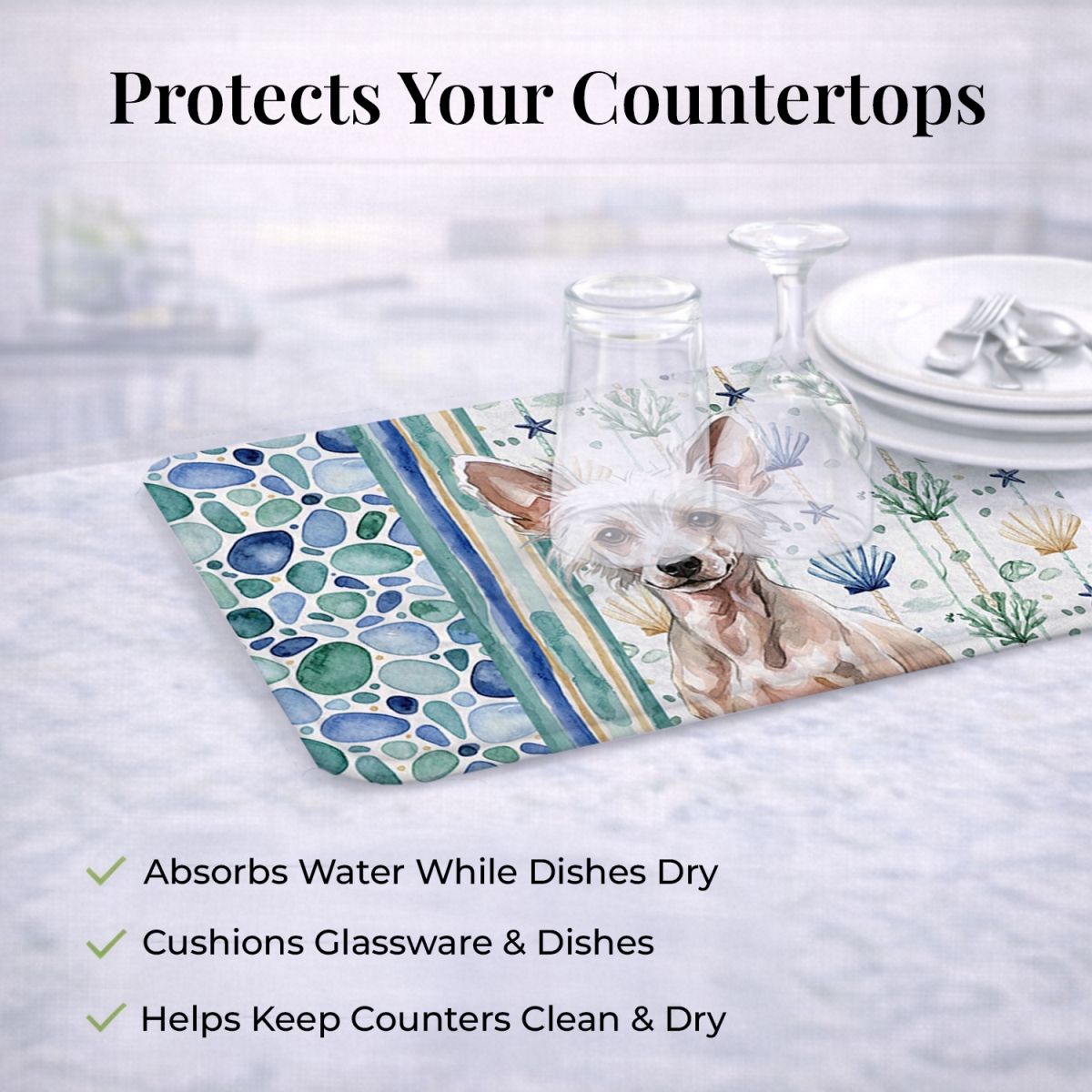 Picture of Carolines Treasures WDK6973DDM 21 x 14 in. Hairless Chinese Crested Coastal Sea Glass Dish Drying Mat