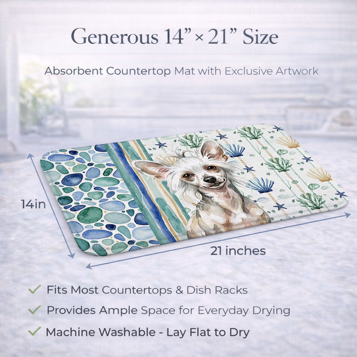 Picture of Carolines Treasures WDK6974DDM 21 x 14 in. Hairless Mottled Pattern Chinese Crested Coastal Sea Glass Dish Drying Mat