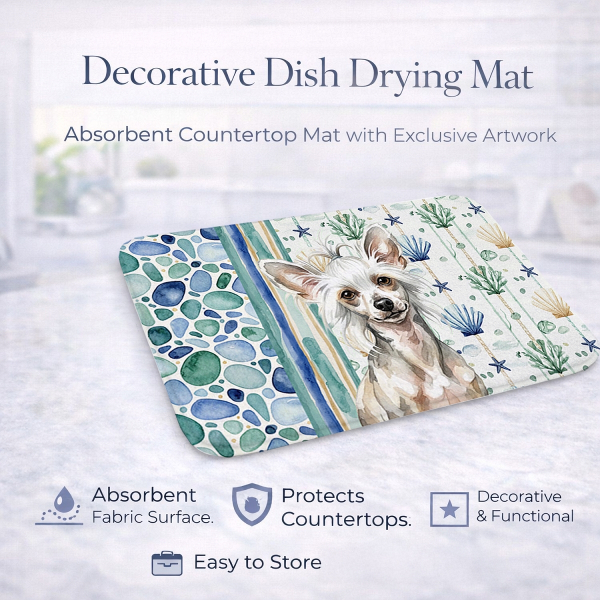 Picture of Carolines Treasures WDK6974DDM 21 x 14 in. Hairless Mottled Pattern Chinese Crested Coastal Sea Glass Dish Drying Mat