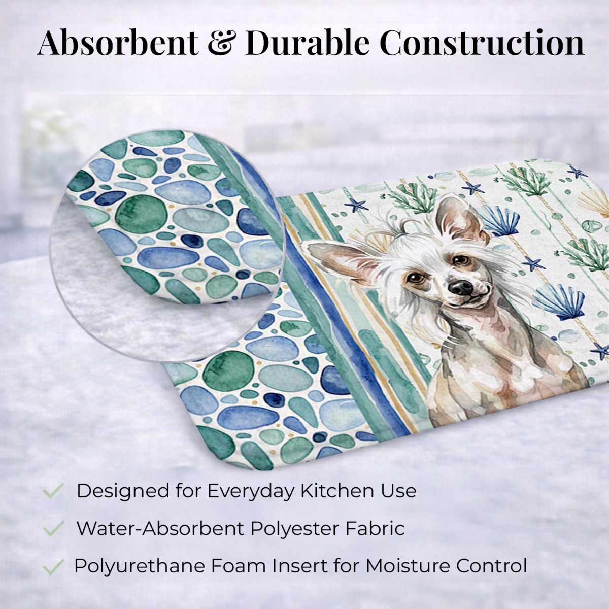 Picture of Carolines Treasures WDK6974DDM 21 x 14 in. Hairless Mottled Pattern Chinese Crested Coastal Sea Glass Dish Drying Mat