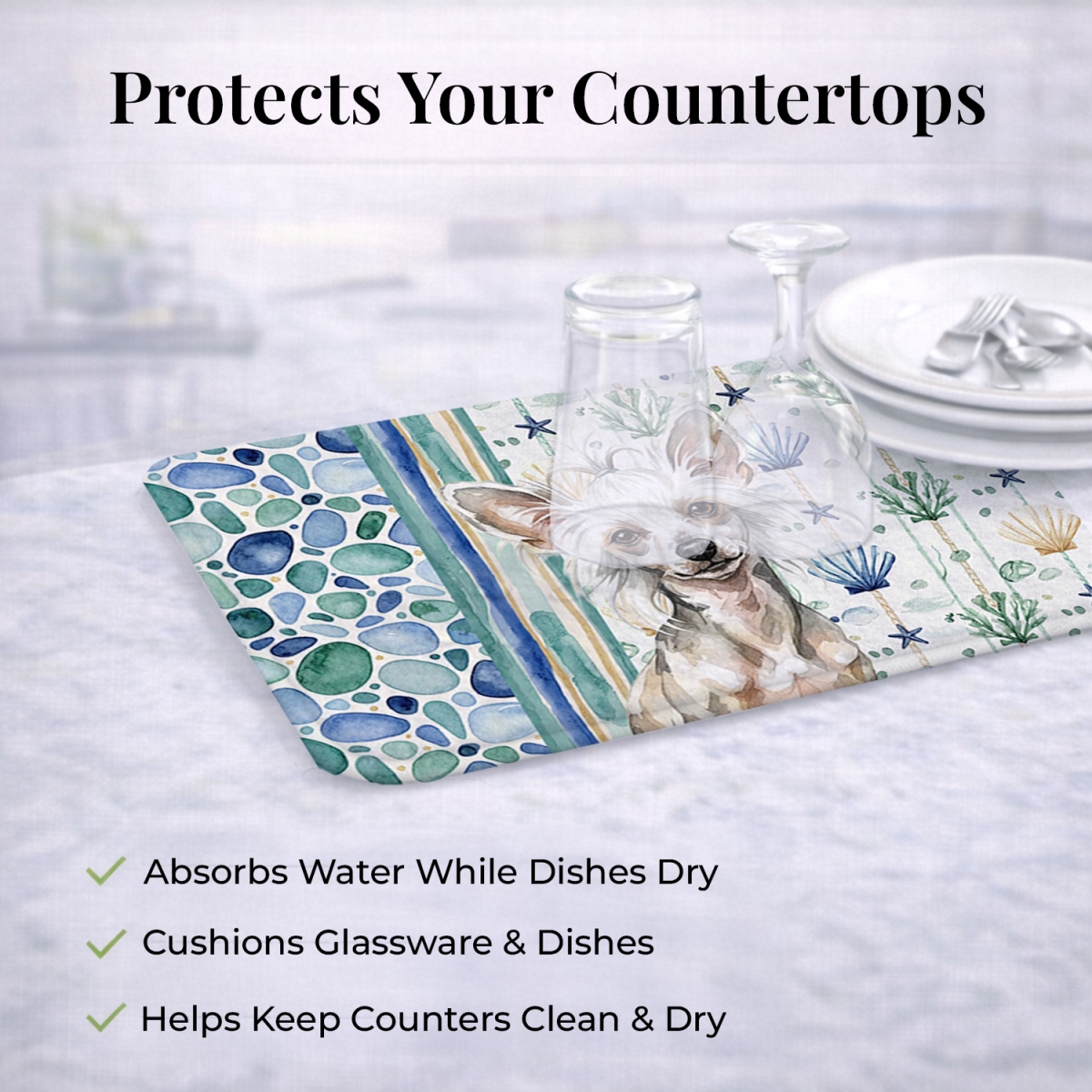 Picture of Carolines Treasures WDK6974DDM 21 x 14 in. Hairless Mottled Pattern Chinese Crested Coastal Sea Glass Dish Drying Mat