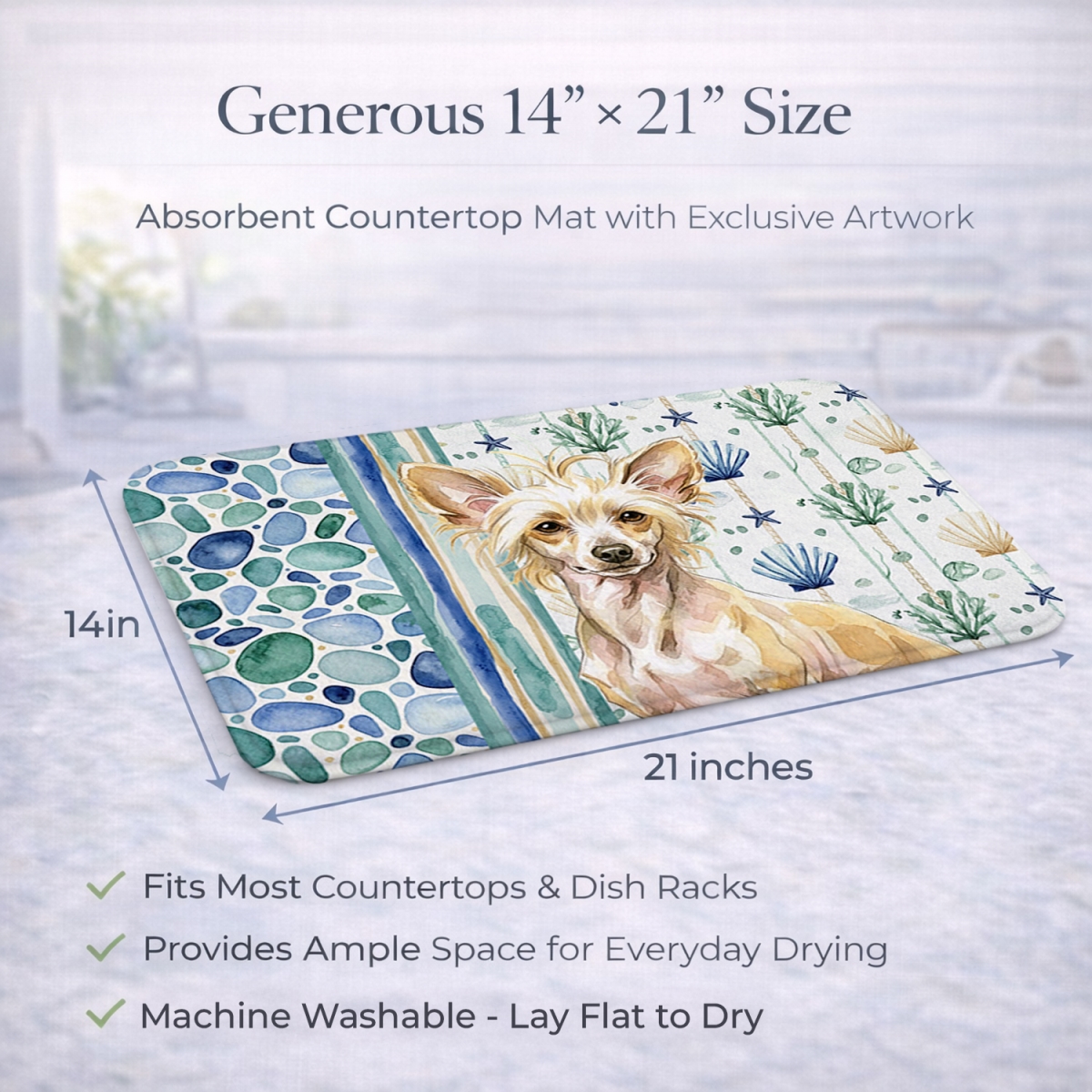Picture of Carolines Treasures WDK6975DDM 21 x 14 in. Hairless Palomino Chinese Crested Coastal Sea Glass Dish Drying Mat