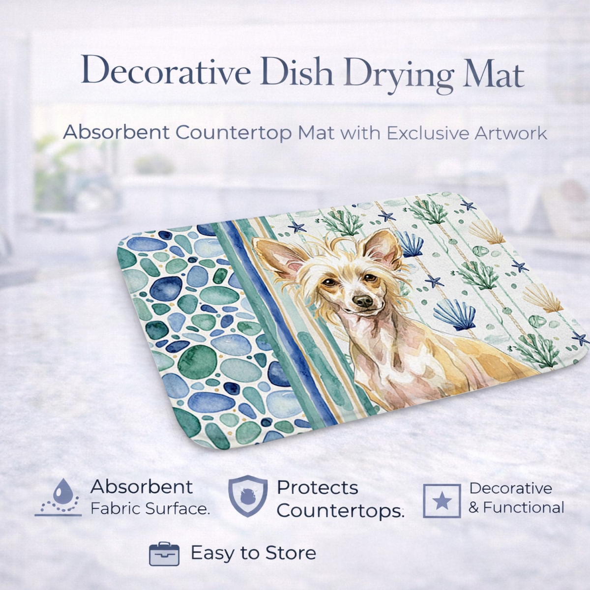 Picture of Carolines Treasures WDK6975DDM 21 x 14 in. Hairless Palomino Chinese Crested Coastal Sea Glass Dish Drying Mat